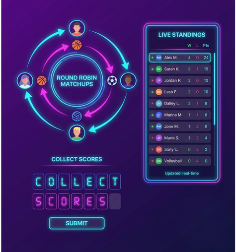 Round robin matchups, score collection, and live standings