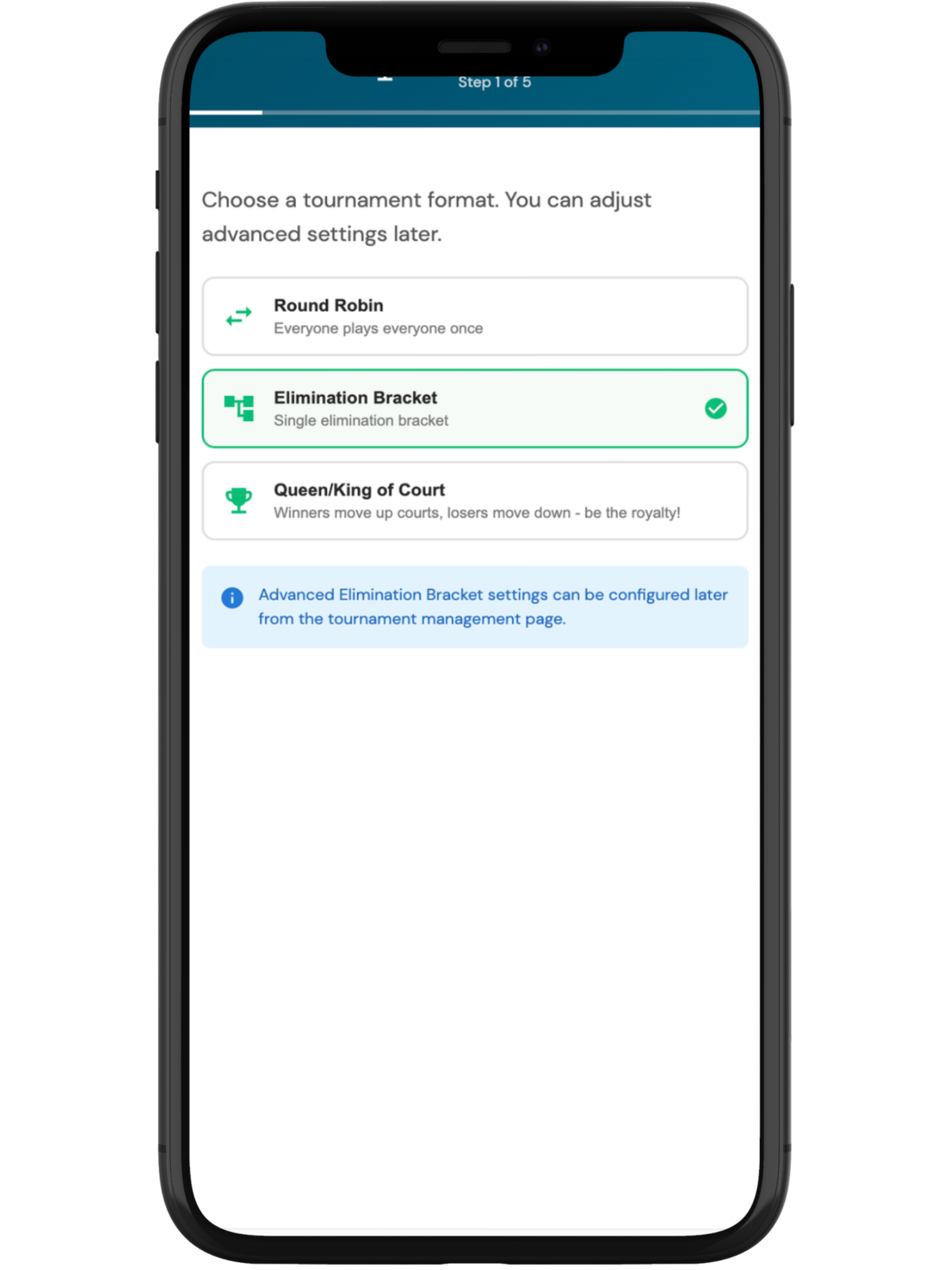Tournament bracket format selection on mobile