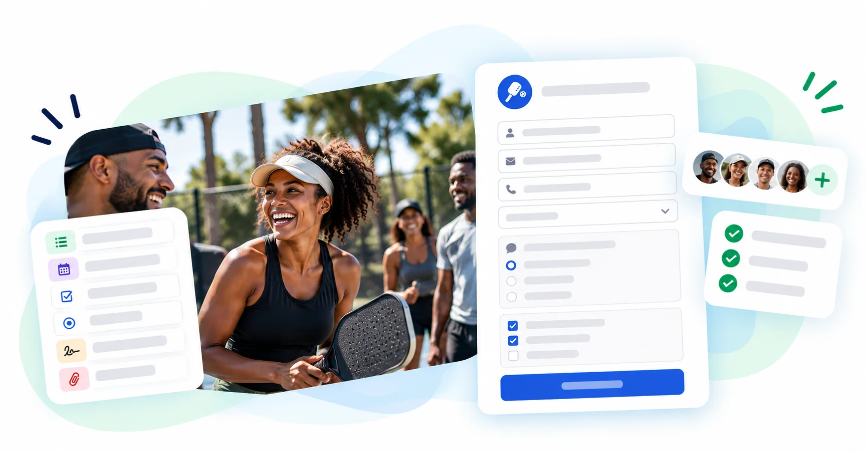 Pickleball players laughing on court beside a Gametime Hero registration form with fields, checkboxes and a signature