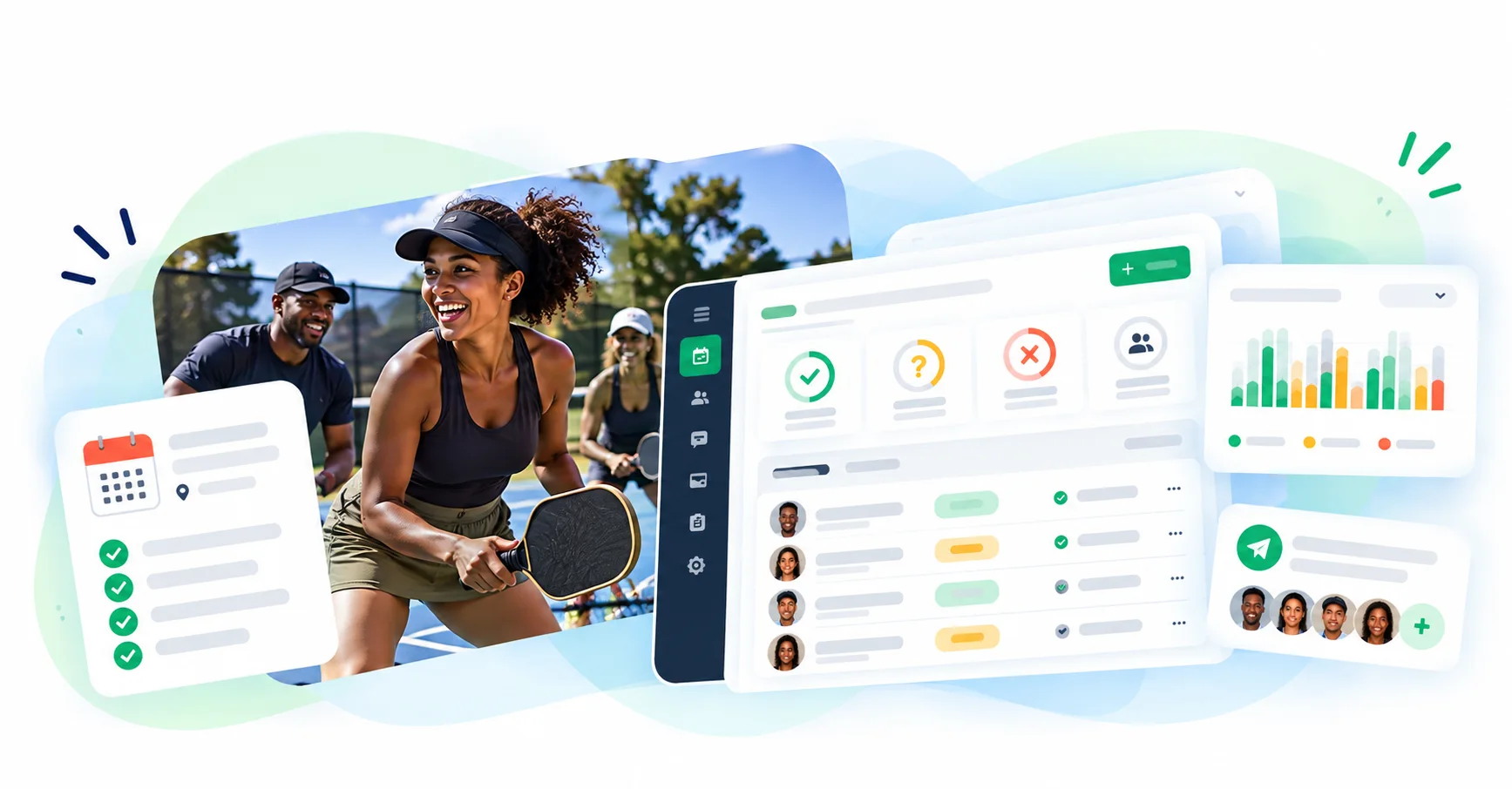 Illustration of the Gametime Hero event dashboard: who is in, maybe and out, the attendee list and check-ins, beside pickleball players mid-game